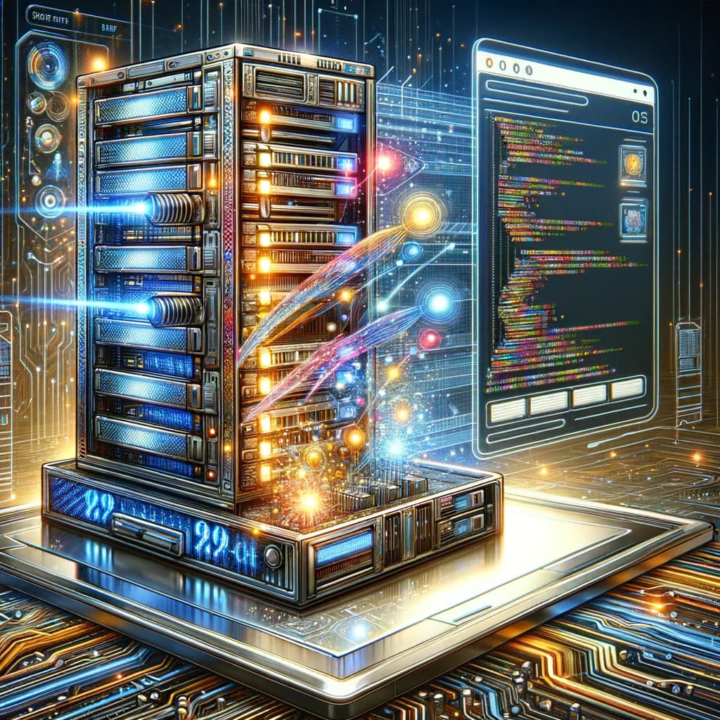 Il·lustració detallada que representa la representació en el servidor en una plataforma de comerç electrònic, mostrant un rack de servidors estilitzat amb circuits intricats i llums brillants, simbolitzant el processament actiu de dades i senyals digitals que es dirigeixen a un navegador web, destacant la importància de la representació en el servidor per accelerar els temps de càrrega de les pàgines web i millorar l'experiència de l'usuari en el desenvolupament web.