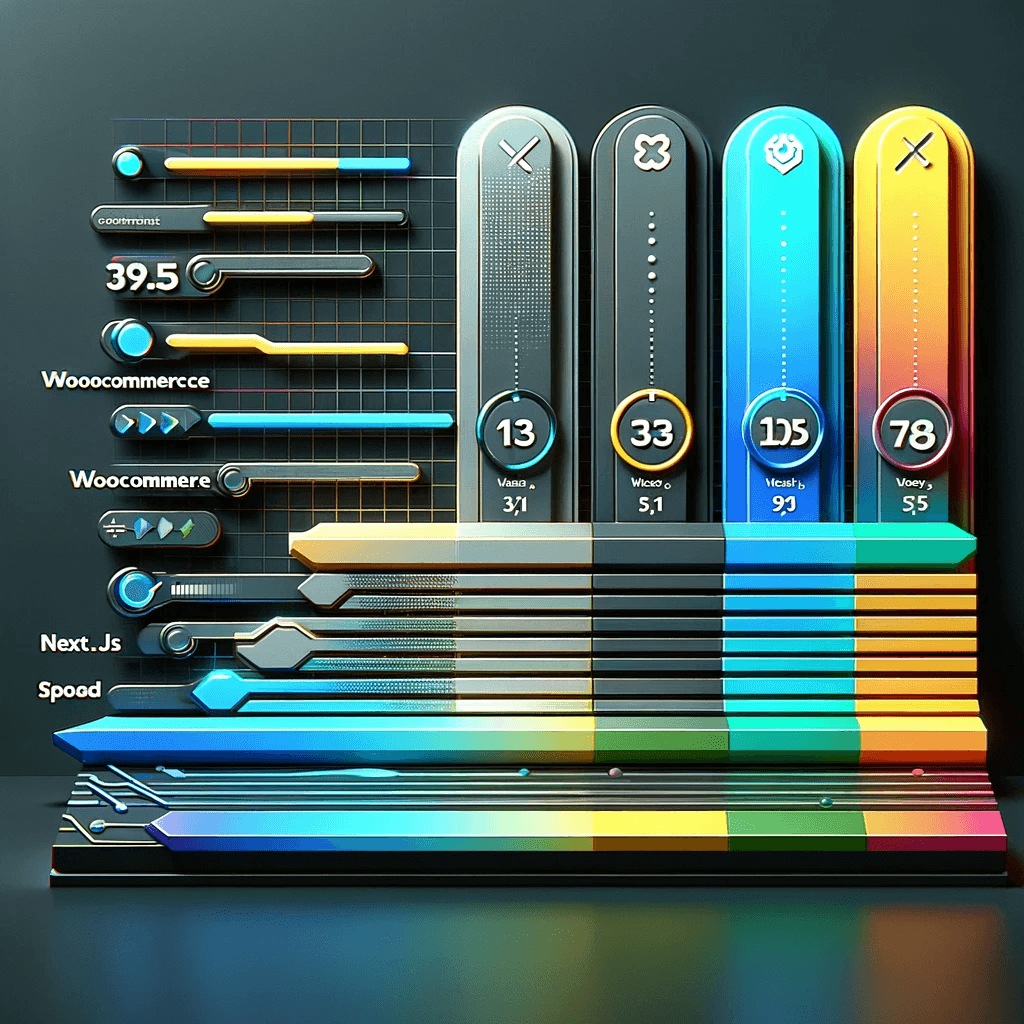 Aquesta moderna infografia proporciona una anàlisi comparativa dels temps de càrrega de llocs web per a Next.js 13, WooCommerce i Shopify. El disseny és elegant i net, presenta tres barres de càrrega horitzontals, cadascuna clarament etiquetada per a una de les plataformes. El progrés de càrrega en cada barra representa visualment la velocitat, amb la barra de Next.js 13 omplint-se més ràpid, denotant el seu temps de càrrega de pàgina més ràpid. La infografia utilitza colors distintius per a cada plataforma, seguint una estètica inspirada en la tecnologia. Aquesta gràfica visualment atractiva resumeix de manera ordenada l'eficiència superior de Next.js 13 en comparació amb WooCommerce i Shopify, destacant la seva avantatge en termes de velocitat de càrrega de pàgines web.