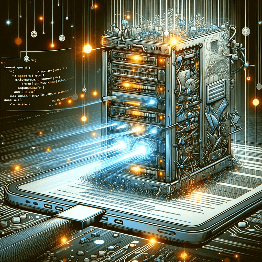 Aquesta detallada il·lustració representa vívidament la representació en el servidor, una característica clau de Next.js 13. La imatge presenta un estilitzat rack de servidors, complet amb circuits intrincats i llums brillants, simbolitzant el processament actiu de dades. Senyals digitals emanen del servidor cap a un navegador web, que mostra una pàgina web parcialment carregada. La pàgina web cobra vida visualment amb fragments de codi i contingut que apareix a mesura que la pàgina es renderitza. El fons és una barreja d'elements digitals i dissenys abstractes, transmetent una forta sensació de tecnologia avançada i transferència de dades. Aquesta il·lustració explica de manera efectiva el concepte de representació en el servidor, destacant el seu paper crucial en l'acceleració dels temps de càrrega de pàgines web i la millora de l'experiència de l'usuari en el desenvolupament web.