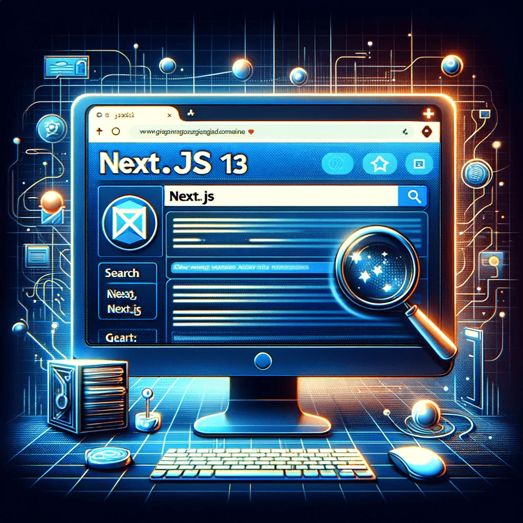 Aquesta imatge il·lustra una pàgina de resultats de motors de cerca on Next.js 13 es presenta de manera prominent a la part superior. Mostrada en una pantalla d'ordinador, la interfície del motor de cerca mostra una consulta relacionada amb el desenvolupament web o el rendiment, amb el resultat superior sent un lloc web o article sobre Next.js 13. El fragment de resultat inclou un text breu i una URL, indicant clarament la posició de alt rang de Next.js 13 en SEO. Al voltant de la pantalla hi ha diversos elements digitals i icones que simbolitzen l'optimització de cerca, reforçant la superioritat de Next.js 13 en aquest àmbit. Aquesta representació visual transmet eficaçment el missatge que Next.js 13 és una tecnologia altament valorada i ben classificada en els motors de cerca, destacant la seva eficàcia en SEO.
