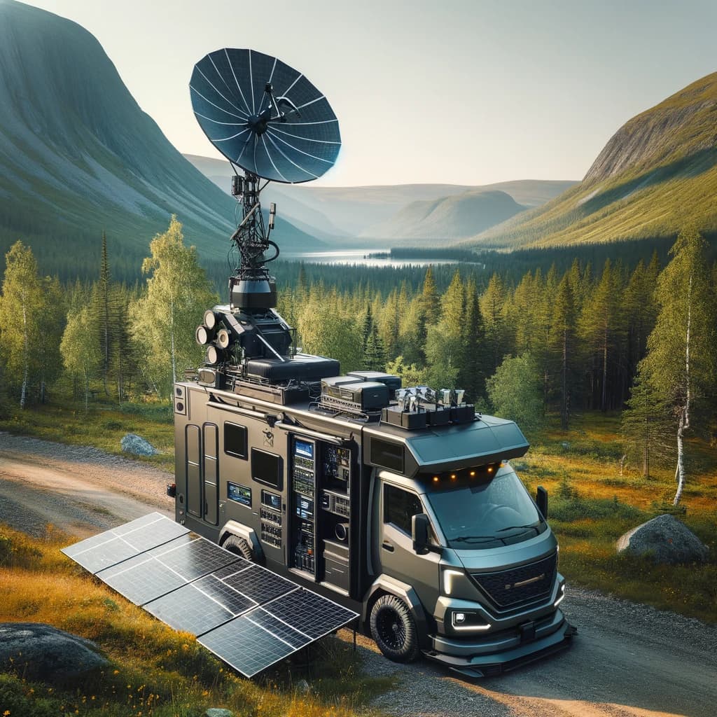 Foto d'un Cybertruck elegant i completament equipat amb una conversió a camper, mostrant panells solars i una antena Starlink desplegada, estacionat en una zona remota envoltada de natura, demostrant autosuficiència i connectivitat fora de la xarxa.