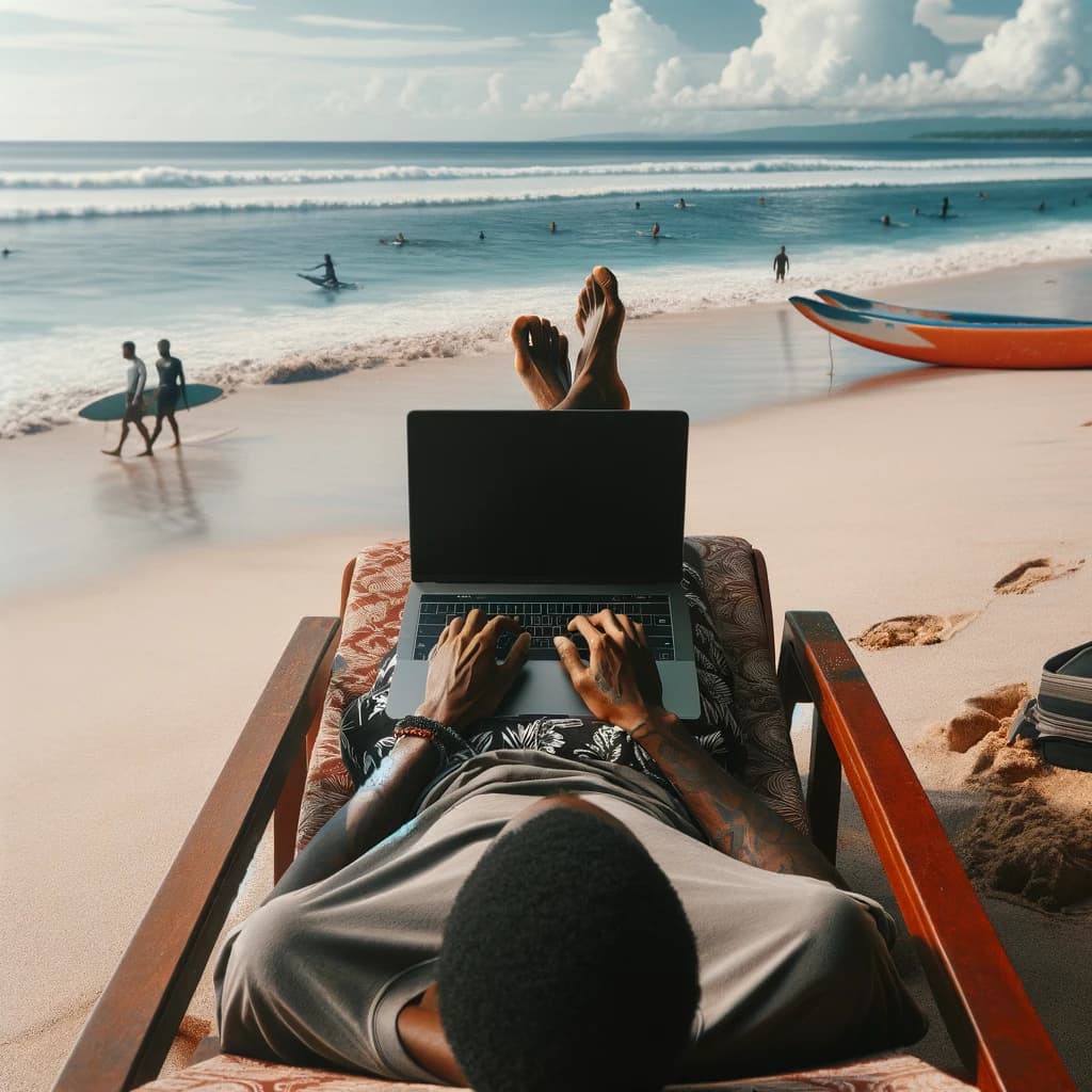 Foto d'una persona d'ascendència africana recostada en una cadira de platja a Bali, amb els peus a la sorra, teclejant en un portàtil. Al fons, la platja s'estén amb surfistes i l'horitzó del mar, mostrant un entorn de treball relaxat amb un sentit d'aventura i llibertat.